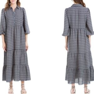 MAX STUDIO Crepe Tiered Maxi Dress Teal / Brick Print Side Pockets 3/4 Sleeves L